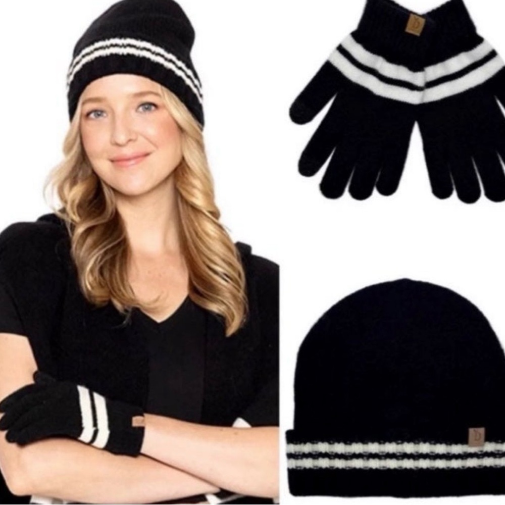 🔥🆕Cozy Black and White Beanie Hat and Gloves Set